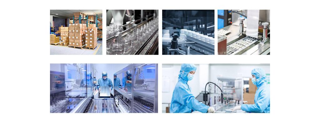 GMP-certified OEM supplement manufacturing facility showing automated production lines, in-house R&D laboratories, and large-scale ingredient warehouses