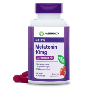 Wholesale bottle of JiaBei Health 10mg fast-dissolve strawberry melatonin gummies for bulk purchase, a drug-free sleep aid.