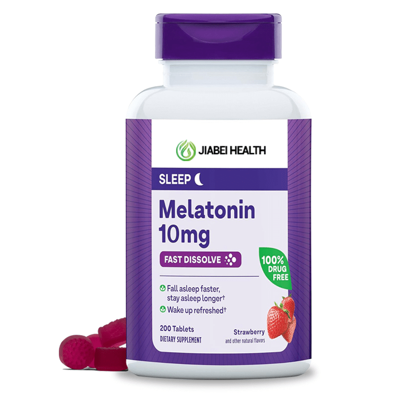Wholesale bottle of JiaBei Health 10mg fast-dissolve strawberry melatonin gummies for bulk purchase, a drug-free sleep aid.