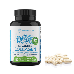 A dark bottle of JiaBei Health Advanced Collagen with several light-colored vegetable capsules spilled in front. The label highlights "Type 1, 2 & 3 Anti Aging & Joint Formula" and "Hyaluronic Acid & Vitamin C," along with "120 Vegetable Capsules."