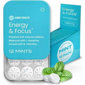 A blue and white tin of JiaBei Health Natural Energy & Focus Mints, labeled "Powered with natural caffeine, balanced with L-theanine, infused with B-vitamins" and "12 MINTS." The bottom section shows six individual mints. This premium Natural Energy & Focus Mints product is offered by a GMP, ISO22000, HALAL, and KOSHER certified bulk provider, with a minimum order quantity of 500 units for wholesale and private label opportunities.
