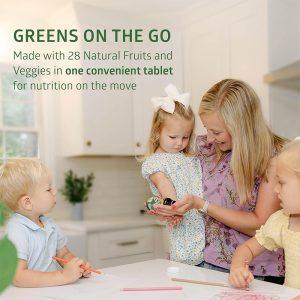Convenient tablet-form superfood supplement containing 28 organic fruits and vegetables for on-the-go nutrition