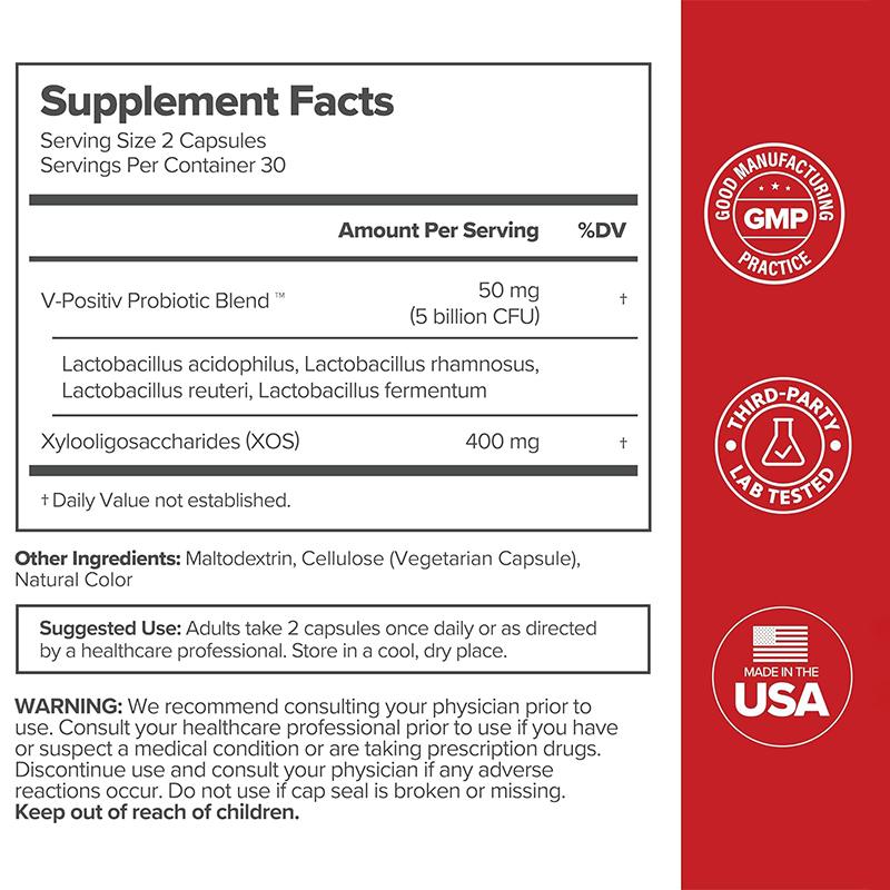 Supplement facts panel showing probiotic strains (Lactobacillus blend), XOS prebiotics, dosage instructions, and safety information