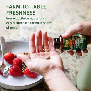 Expiration date assurance on organic superfood tablets bottle showing farm-to-table freshness commitment
