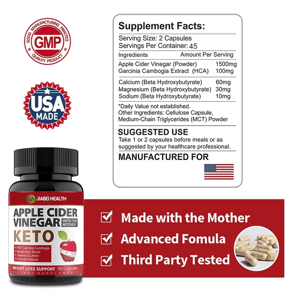 The Supplement Facts panel for JiaBei Health Apple Cider Vinegar Keto showing 1500mg Apple Cider Vinegar Powder and 100mg Garcinia Cambogia Extract. Also visible are "USA MADE" and "GMP GOOD MANUFACTURING PRACTICE" badges, alongside checkboxes for "Made with the Mother," "Advanced Formula," and "Third Party Tested."