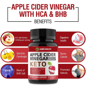 A bottle of JiaBei Health Apple Cider Vinegar Keto featuring benefits like "Digestive health," "Burns Calorie," and "Promotes Ketosis," highlighting "ACV with Mother 1500mg per serving," "Garcinia Cambogia," and "Blend of BHB Salt."