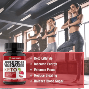 A bottle of JiaBei Health Apple Cider Vinegar Keto overlaid on a background of women doing yoga, listing benefits such as "Keto Lifestyle," "Increase Energy," "Enhance Focus," "Reduce Bloating," and "Balance Blood Sugar."