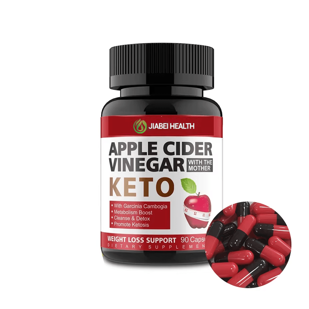 A black bottle of JiaBei Health Apple Cider Vinegar Keto capsules, with red and black capsules spilled out beside it. The label indicates "WEIGHT LOSS SUPPORT" and "90 Capsules," with "Garcinia Cambogia," "Metabolism Boost," "Cleanse & Detox," and "Promote Ketosis" listed as key benefits.