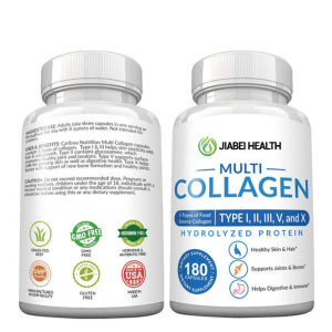 The back of a JiaBei Health Multi Collagen bottle showing "SUGGESTED USE," "USES & BENEFITS" mentioning Type I, III, V, X collagen, and benefits for skin, hair, nails, joints, and digestion. Various certifications are visible, including "GRASS-FED BEEF," "GMO FREE," "HORMONE FREE," "GMP MANUFACTURED," "GLUTEN FREE," "ANTIBIOTIC FREE," and "MADE IN USA."