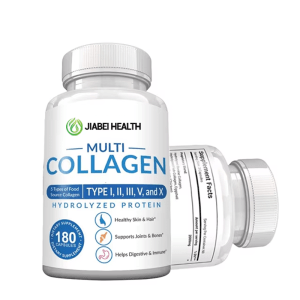 A white bottle of JiaBei Health Multi Collagen capsules, prominently featuring "5 Types of Food Source Collagen," "TYPE I, II, III, V, AND X," and "HYDROLYZED PROTEIN." Key benefits like "Healthy Skin & Hair," "Supports Joints & Bones," and "Helps Digestive & Immune" are shown with icons. The label also indicates "180 Capsules" and partial Supplement Facts showing 2000mg per serving.