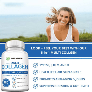 A bottle of JiaBei Health Multi Collagen against a background of a smiling woman. Text highlights "LOOK + FEEL YOUR BEST WITH OUR 5-IN-1 MULTI COLLAGEN," listing benefits: "TYPES I, I, III, V, AND X", "HEALTHIER HAIR, SKIN & NAILS", "PROMOTES ANTI-AGING & JOINTS", and "SUPPORTS DIGESTION & GUT HEALTH."