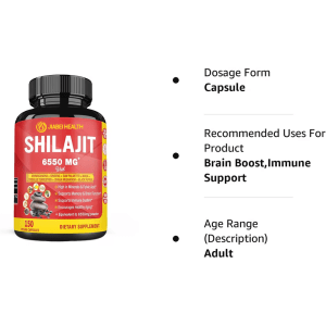 Bottle of JiaBei Health Shilajit 6550mg Vegan Capsules next to text indicating "Dosage Form: Capsule," "Recommended Uses For Product: Brain Boost, Immune Support," and "Age Range (Description): Adult."