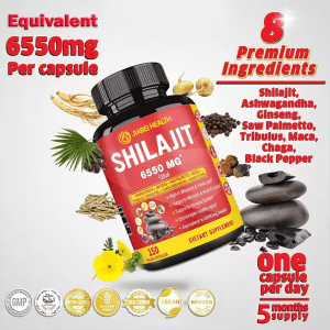 Bottle of JiaBei Health Shilajit 6550mg Vegan Capsules surrounded by Shilajit resin, Ashwagandha roots, Ginseng, Saw Palmetto berries, Tribulus flowers and fruit, Maca roots, Chaga mushroom, and Black Pepper. Text highlights "Equivalent 6550mg Per capsule," "8 Premium Ingredients," and "One capsule per day 5 months supply." Quality certifications are shown at the bottom.
