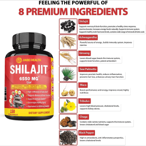 Bottle of JiaBei Health Shilajit 6550mg Vegan Capsules with a detailed list and images of its 8 premium ingredients: Shilajit, Ashwagandha, Ginseng, Saw Palmetto, Maca, Tribulus, Chaga, and Black Pepper, along with their respective benefits.
