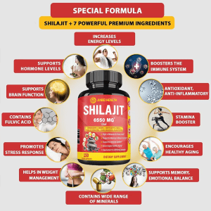 Bottle of JiaBei Health Shilajit 6550mg Vegan Capsules surrounded by circular images and text highlighting its special formula and numerous benefits, including increased energy levels, hormone support, brain function, fulvic acid content, stress response, weight management, wide range of minerals, immune system boost, antioxidant and anti-inflammatory properties, stamina booster, healthy aging, and memory and emotional balance.