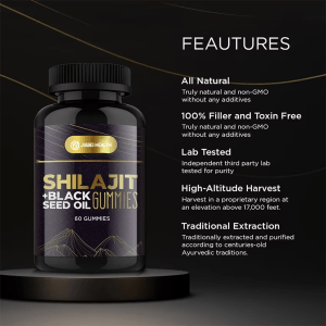 The JiaBei Health Shilajit + Black Seed Oil Gummies product bottle, with a list of key features: All Natural, 100% Filler and Toxin Free, Lab Tested for purity, High-Altitude Harvest (from an elevation above 17,000 feet), and Traditional Extraction according to centuries-old Ayurvedic traditions.