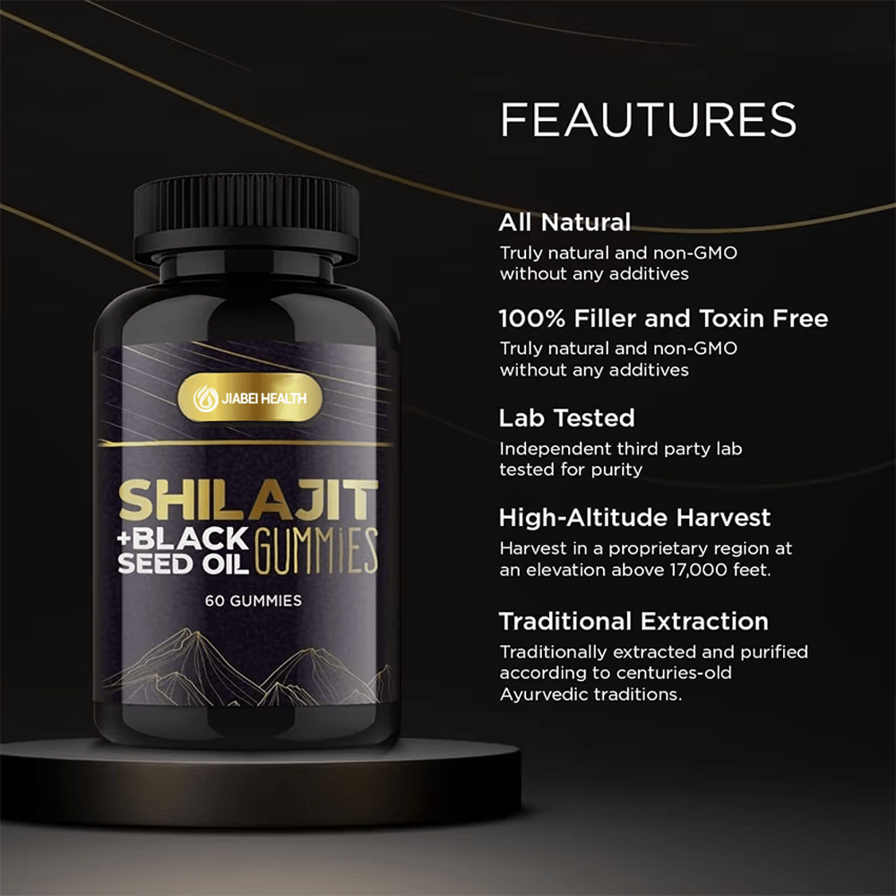 The JiaBei Health Shilajit + Black Seed Oil Gummies product bottle, with a list of key features: All Natural, 100% Filler and Toxin Free, Lab Tested for purity, High-Altitude Harvest (from an elevation above 17,000 feet), and Traditional Extraction according to centuries-old Ayurvedic traditions.