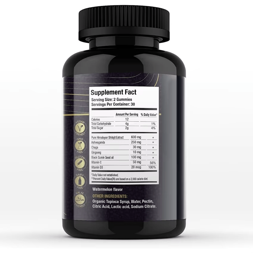 A close-up of the Supplement Fact panel for JiaBei Health Shilajit + Black Seed Oil Gummies. The table shows a serving size of 2 gummies, containing 600mg Pure Himalayan Shilajit Extract, 250mg Ashwagandha, 10mg Ginseng, 30mg Chaga, 100mg Black Seed Oil, 50mg Vitamin C, and 20mcg Vitamin D3. It also indicates the product is Vegan Friendly, Dairy Free, GMO Free, Gluten Free, and Halal Friendly.
