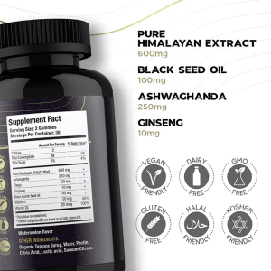 The JiaBei Health Shilajit + Black Seed Oil Gummies bottle displayed alongside a list of its key ingredients and their amounts: Pure Himalayan Extract 600mg, Black Seed Oil 100mg, Ashwagandha 250mg, and Ginseng 10mg. Below this, various certification icons are shown, including Vegan Friendly, Dairy Free, GMO Free, Gluten Free, Halal Friendly, and Kosher Friendly.