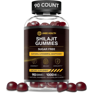 A transparent plastic bottle of JiaBei Health Shilajit Gummies, prominently labeled "SUGAR FREE" and "NATURAL & POWERFUL ADAPTOGEN." The label features icons for "ENERGY," "BRAIN," and "IMMUNITY" benefits, clearly stating "90 GUMMIES | 1000 MG PER SERVING." The gummies visible inside and scattered around the base are dark reddish-purple. The bottle has a black cap, with "90 COUNT" embossed on its top.