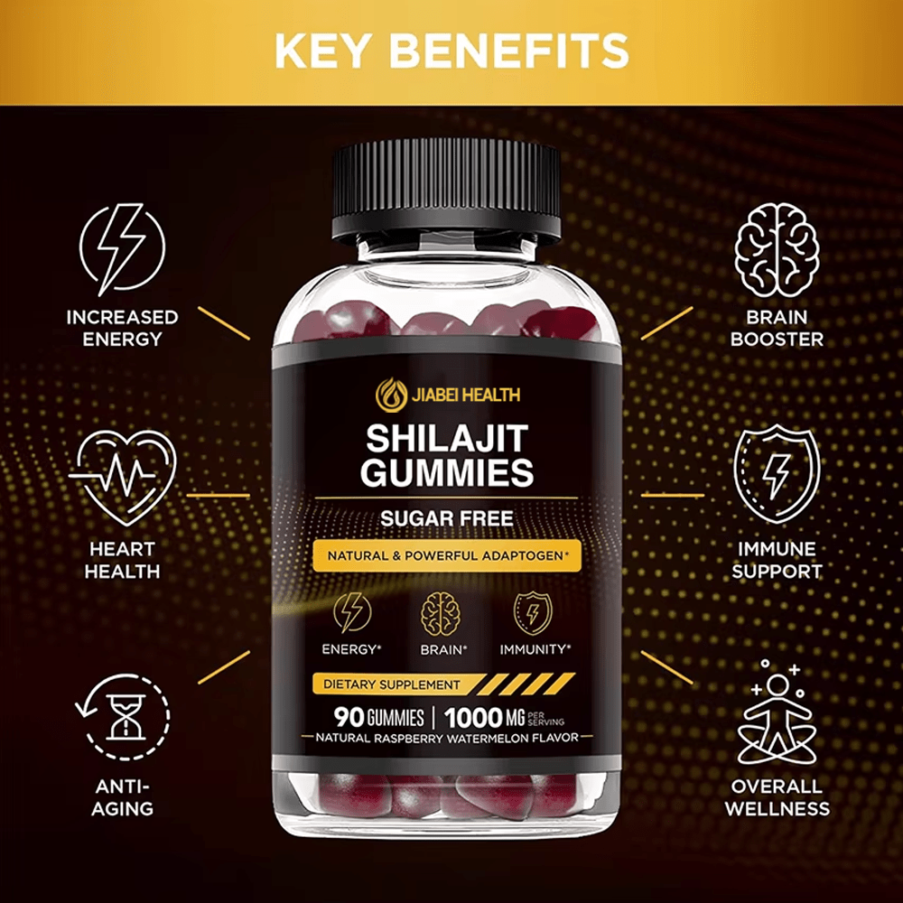 Infographic detailing Shilajit Gummies Sugar Free key benefits: increased energy, brain booster, immune support, heart health, anti-aging, and overall wellness.