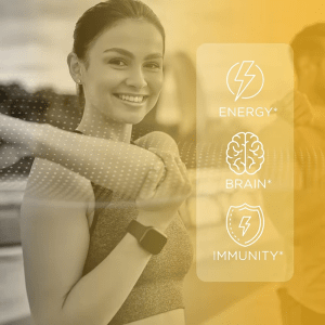 A smiling woman exercising, overlaid with transparent boxes highlighting Shilajit Gummies benefits: energy, brain, and immunity. Visual for natural adaptogen support.