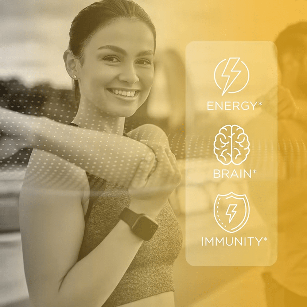 A smiling woman exercising, overlaid with transparent boxes highlighting Shilajit Gummies benefits: energy, brain, and immunity. Visual for natural adaptogen support.