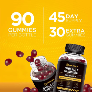 Image showing two bottles of Shilajit Gummies Sugar Free and loose gummies, emphasizing "90 Gummies Per Bottle" and "45 Day Supply" with "30 Extra Gummies" as a bonus.