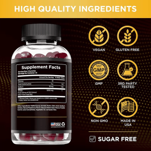 Detailed supplement facts panel for Sugar-Free Shilajit Gummies, showing 1000mg Shilajit. Icons indicate Vegan, Gluten-Free, GMP, 3rd Party Tested, Non-GMO, Made in USA, and Sugar Free.