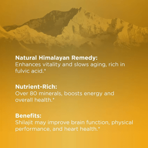 Majestic Himalayan mountains with text highlighting Shilajit's benefits: enhances vitality, slows aging, nutrient-rich with over 80 minerals, improves brain function, physical performance, and heart health.