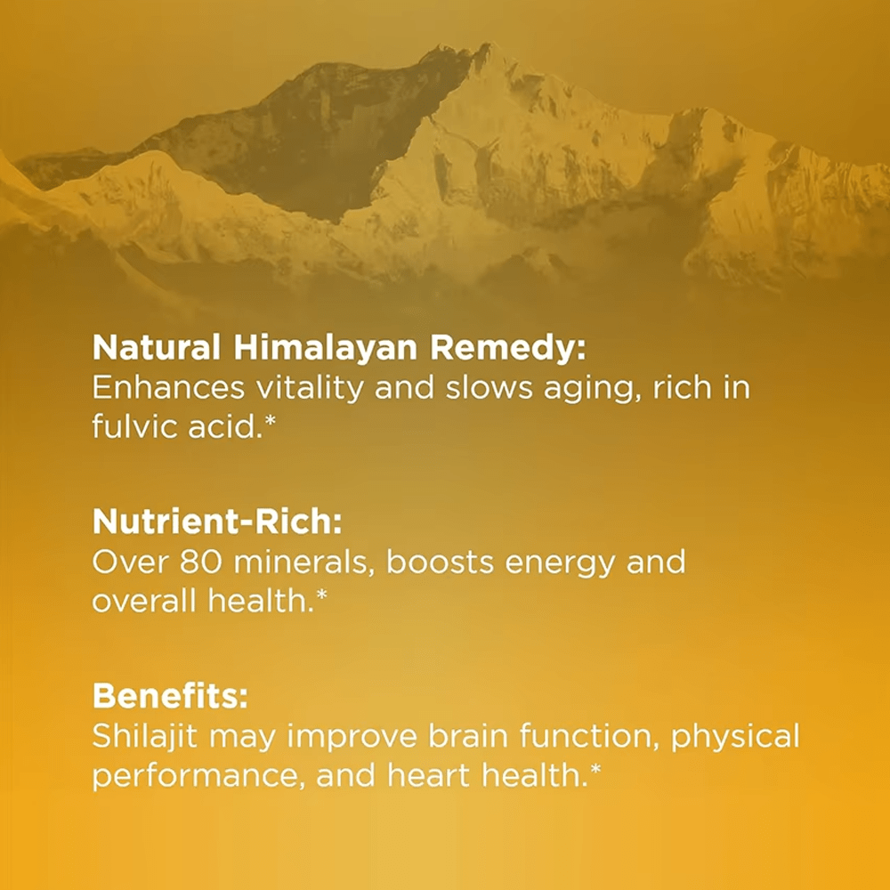 Majestic Himalayan mountains with text highlighting Shilajit's benefits: enhances vitality, slows aging, nutrient-rich with over 80 minerals, improves brain function, physical performance, and heart health.