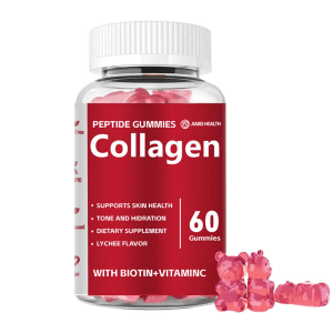 A clear bottle of JiaBei Health Collagen Peptide Gummies, featuring "600 MG HYDROLYZED COLLAGEN," "BIOTIN + VITAMIN C," and "LYCHEE FLAVOR." Pink, bear-shaped gummies are visible inside and around the bottle, emphasizing skin health, tone, and hydration.
