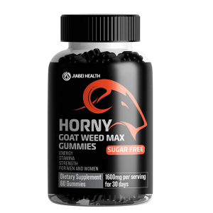 A bottle of JiaBei Health Horny Goat Weed Max Gummies, highlighting "SUGAR FREE," "1600mg per serving," and benefits like "ENERGY," "STAMINA," "STRENGTH" for "MEN AND WOMEN." Dark, bear-shaped Horny Goat Weed gummies are visible inside and around the bottle.