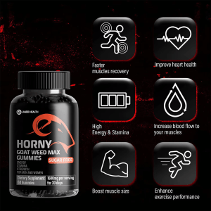 Icons illustrating benefits of Horny Goat Weed Max Gummies: faster muscle recovery, improved heart health, high energy & stamina, increased blood flow to muscles, boost muscle size, and enhanced exercise performance, next to a bottle.