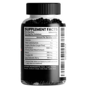 Supplement Facts label for Horny Goat Weed Max Gummies, detailing 2 gummies per serving, 30 servings per container. Lists Epimedium (Horny Goat Weed Extract) 1000mg, Maca 250mg, Tongkat Ali 250mg, and Saw Palmetto Berry 100mg. Confirms "sugar alcohol".