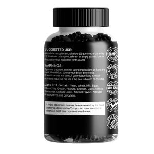 Side panel of Horny Goat Weed Max Gummies bottle with suggested use: 2 gummies once a day. Also shows GMP Certified, No Added Sugar, Non-GMO, 3rd Party Tested, and Gluten-Free icons. Important for OEM Performance Supplements.