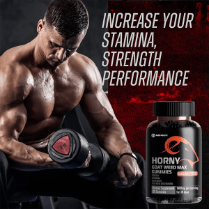 A muscular man lifting weights, beside a bottle of JiaBei Health Horny Goat Weed Max Gummies. Overlaid text states "INCREASE YOUR STAMINA, STRENGTH PERFORMANCE." Highlights benefits for male performance and natural energy stamina.