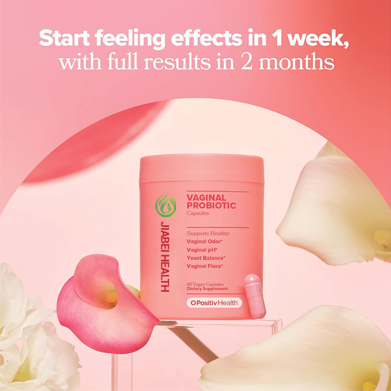 Infographic showing vaginal probiotic effectiveness timeline: noticeable effects in 1 week, optimal results achieved within 2 months