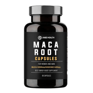 A black bottle of JiaBei Health Maca Root Capsules, labeled for "WOMEN AND MAN". Highlights "MACA 10000mg/GINSENG 1400mg" and "BEST ENERGY BOOST SUPPLEMENT". Ideal for OEM/ODM vitality supplement lines and Maca supplement wholesale.