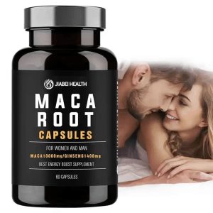 Bottle of JiaBei Health Maca Root Capsules for "WOMEN AND MAN", featuring 10000mg Maca & 1400mg Ginseng for OEM vitality solutions.