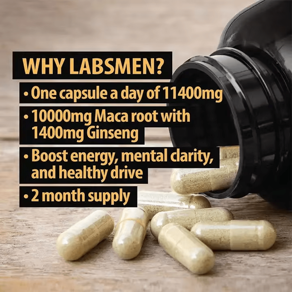 Infographic detailing "WHY LABSMEN?" with key features: 11400mg per capsule, 10000mg Maca root, 1400mg Ginseng, boosts energy/mental clarity/healthy drive, and a 2-month supply. Essential for private label supplement development.