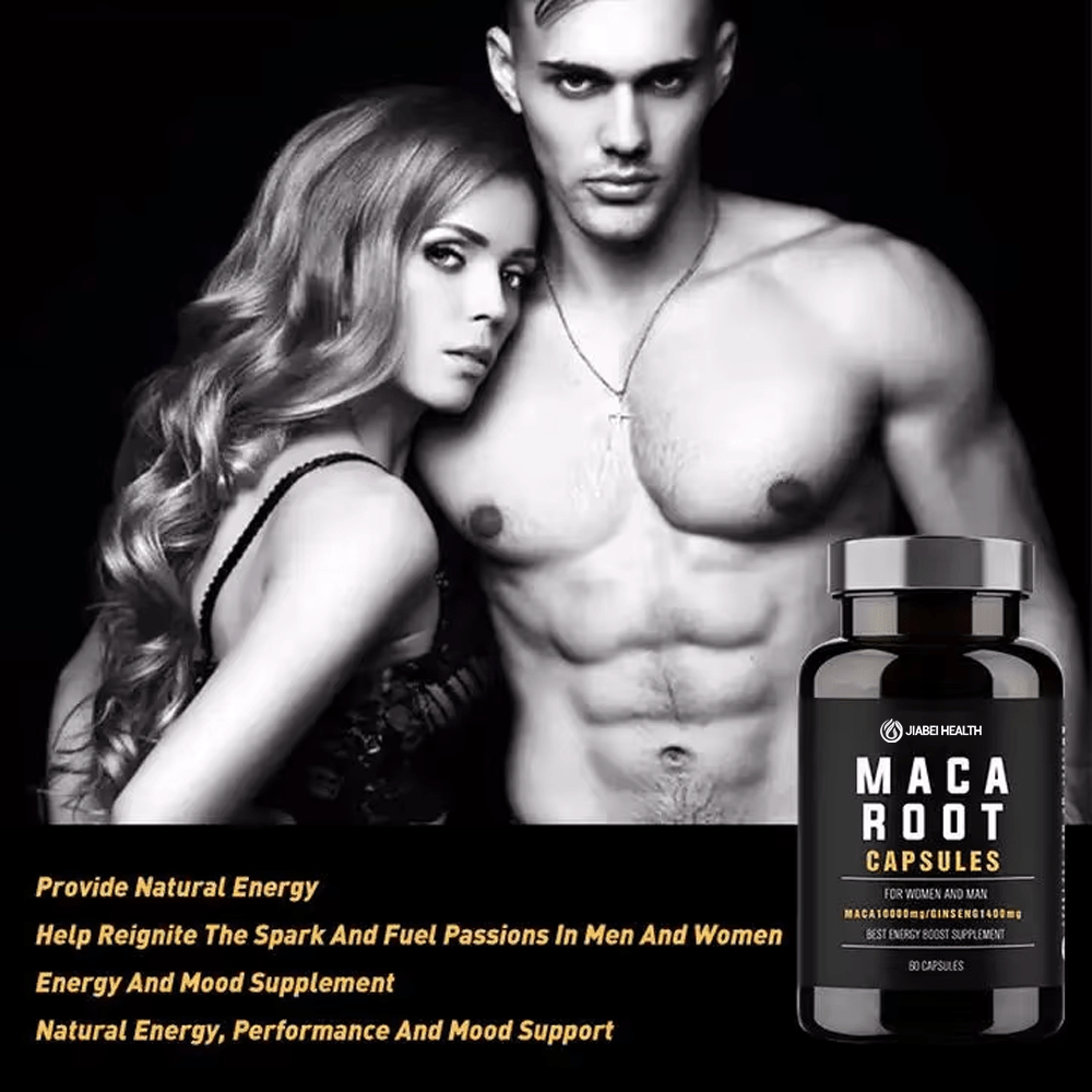 Couple near a bottle of Maca Root Capsules, highlighting "Provide Natural Energy," "Help Reignite The Spark And Fuel Passions In Men And Women," and "Energy And Mood Supplement." Perfect for wholesale energy solutions.