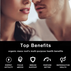 Infographic showing "Top Benefits" of organic maca root: energy & vitality, focus & mood, immune support, better performance, and reproductive health. Key selling points for Maca supplement wholesale.