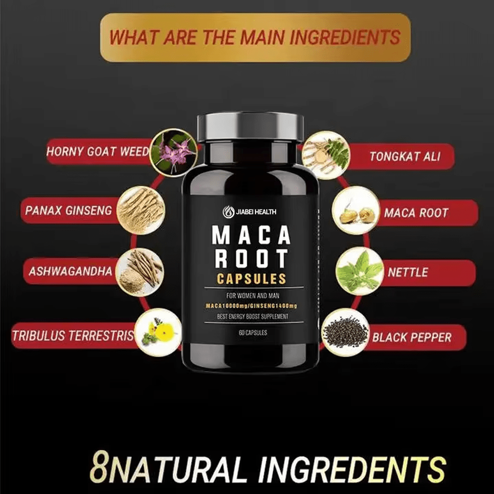 Diagram displaying "WHAT ARE THE MAIN INGREDIENTS" for JiaBei Health Maca Root Capsules: Horny Goat Weed, Tongkat Ali, Maca Root, Nettle, Panax Ginseng, Ashwagandha, Tribulus Terrestris, and Black Pepper. Highlights "8 NATURAL INGREDIENTS" for custom supplement manufacturing.
