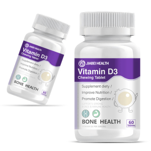 Two bottles of JiaBei Health Vitamin D3 Chewing Tablets, highlighting "BONE HEALTH" and "60 Tablets". Ideal for OEM/ODM Vitamin D3 supplement lines and Vitamin D3 wholesale.