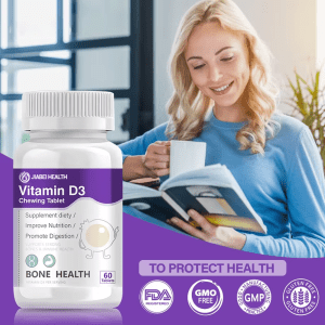 A bottle of JiaBei Health Vitamin D3 Chewing Tablets, with a woman reading, emphasizing "TO PROTECT HEALTH" and showing FDA Registered, GMO Free, and GMP Manufacturing certifications. Ideal for Vitamin D3 wholesale and private label supplement lines.