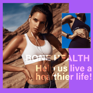 A woman in sportswear, with text "BONE HEALTH Help us live a healthier life!", representing the benefits of Vitamin D3 Chewable Tablets for OEM bone health supplements and an active lifestyle.