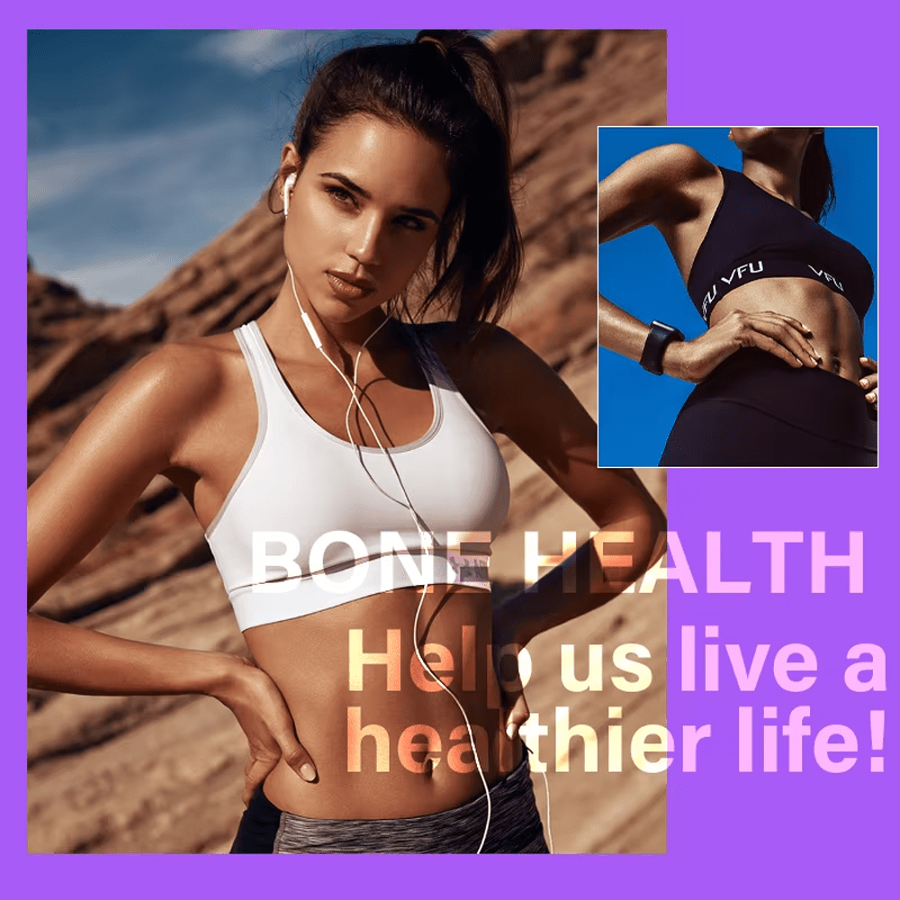 A woman in sportswear, with text "BONE HEALTH Help us live a healthier life!", representing the benefits of Vitamin D3 Chewable Tablets for OEM bone health supplements and an active lifestyle.