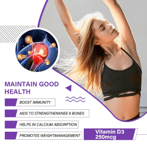 Infographic illustrating benefits of Vitamin D3 250mcg (10,000 IU) to "MAINTAIN GOOD HEALTH", including Boost Immunity, Aids to Strengthen Knee & Bones, Helps in Calcium Absorption, and Promotes Weight Management. Essential for wholesale Vitamin D3 product promotion.