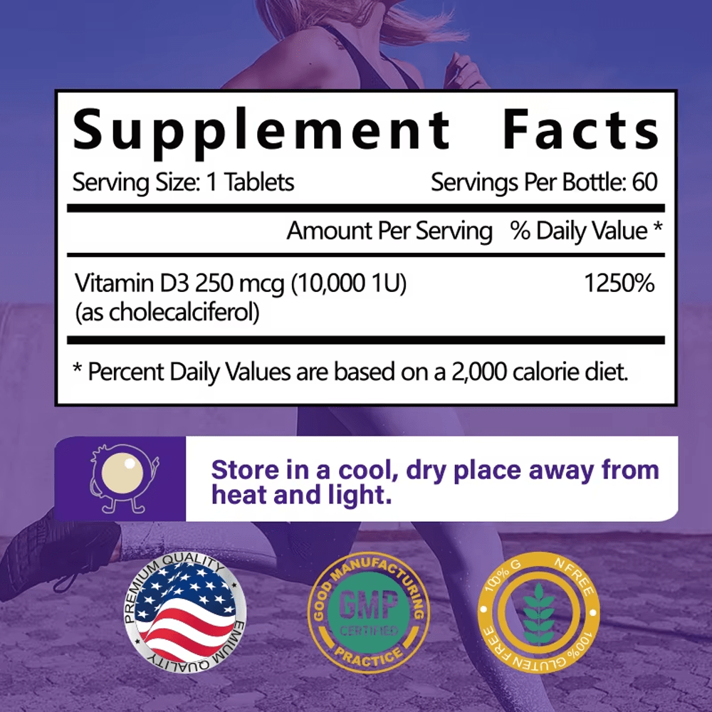 Supplement Facts panel for Vitamin D3 Chewing Tablets, showing 1 Tablet serving size, 60 servings per bottle, and 250 mcg (10,000 IU) Vitamin D3 per serving. Includes storage instructions and certifications (Premium Quality, GMP, Gluten-Free). Critical information for OEM supplement manufacturing and bulk Vitamin D3 orders.